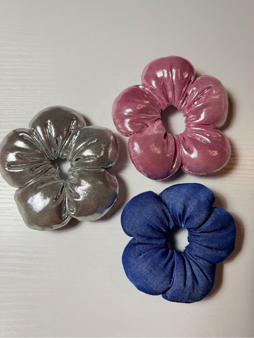 Floral Puff Scrunchie Set — Pink, Silver & Blue
